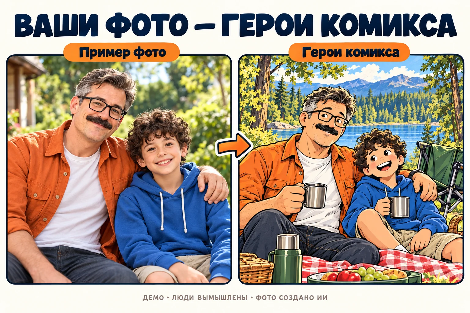 Демонстрационное сравнение: вымышленные отец и сын на фото, созданном ИИ, и их герои в комиксе